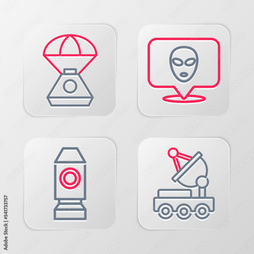 Set line Mars rover, Rocket ship, Alien and Space capsule icon. Vector Set line Mars rover, Rocket ship, Alien and Space capsule icon. Vector