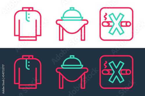 Set line No Smoking, Shirt kurta and Table food icon. Vector