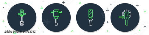 Set line Construction jackhammer, Rasp metal file, Electrical hand concrete mixer and Angle grinder icon. Vector