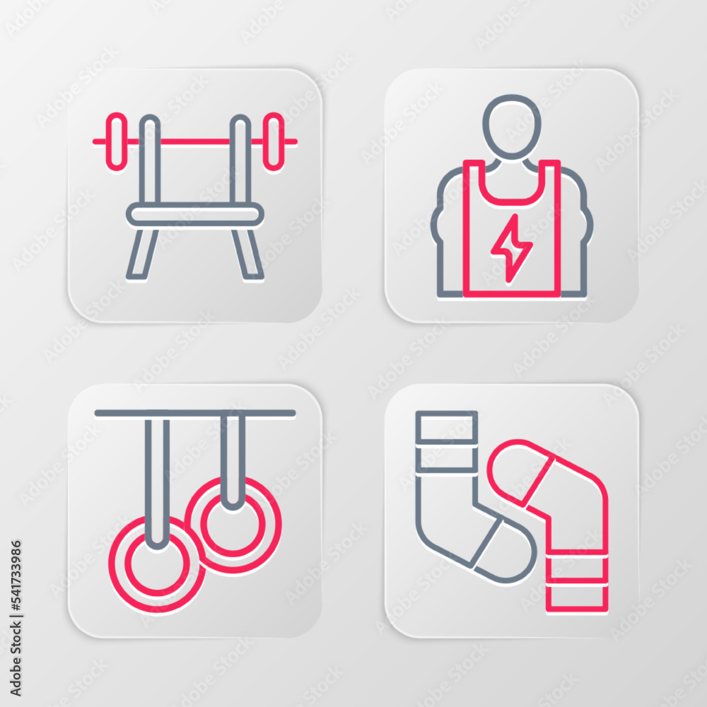 Set line Socks, Gymnastic rings, Bodybuilder and Bench with barbell icon. Vector Set line Socks, Gymnastic rings, Bodybuilder and Bench with barbell icon. Vector