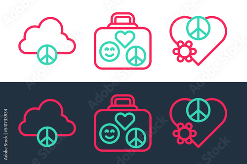 Set line Love peace, Peace cloud and Suitcase for travel icon. Vector