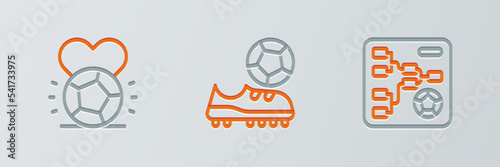 Set line Championship tournament bracket, Soccer football ball and Football shoes icon. Vector