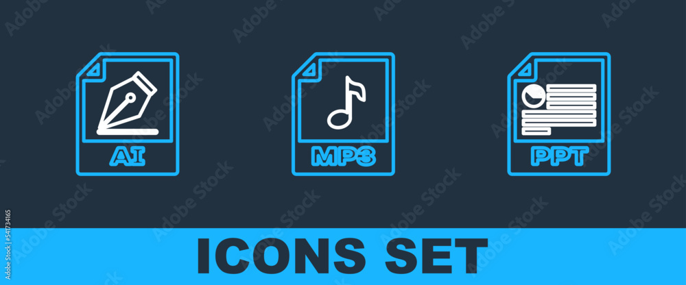 Set line PPT file document, AI and MP3 icon. Vector
