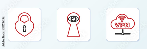 Set line VPN Network cloud connection, Castle in the shape of heart and Keyhole with eye icon. Vector