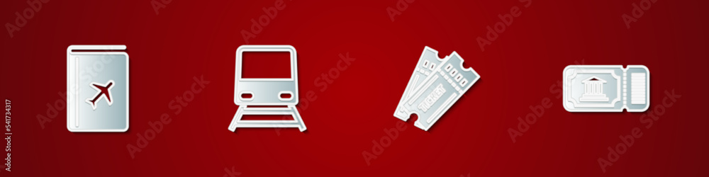 Set Cover book travel guide, Train, Ticket and Museum ticket icon. Vector Set Cover book travel guide, Train, Ticket and Museum ticket icon. Vector