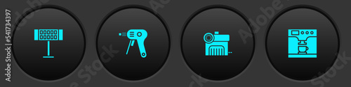 Set Electric heater, hot glue gun, Air compressor and Coffee machine and cup icon. Vector