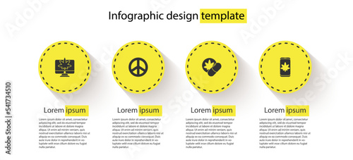 Set Monitor and marijuana or cannabis, Peace, Herbal ecstasy tablets and Mobile. Business infographic template. Vector