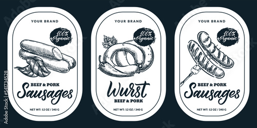 Fresh meat products package label, sticker. Vector hand drawn sketch calligraphy lettering, sausages, wurst illustration