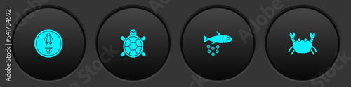 Set Octopus on a plate, Turtle, Fish with caviar and Crab icon. Vector