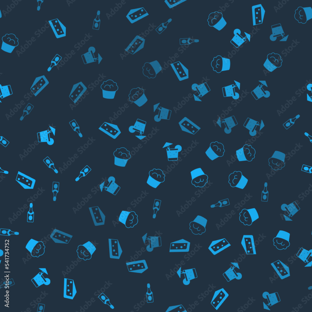 Set Piece of cake, Muffin, Cocktail and Champagne bottle on seamless pattern. Vector Set Piece of cake, Muffin, Cocktail and Champagne bottle on seamless pattern. Vector