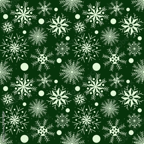 Christmas with snowflake seamless pattern green background. Winter holidays texture. Repeat design for decor, wallpapers, wrapping