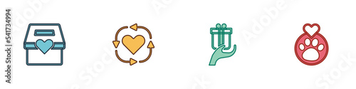 Set Donation and charity, Volunteer, Give gift and Heart with animals footprint icon. Vector