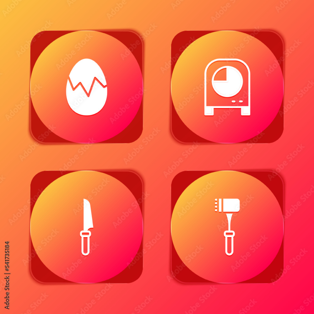 Set Broken egg, Kitchen timer, Knife and hammer icon. Vector Set Broken egg, Kitchen timer, Knife and hammer icon. Vector