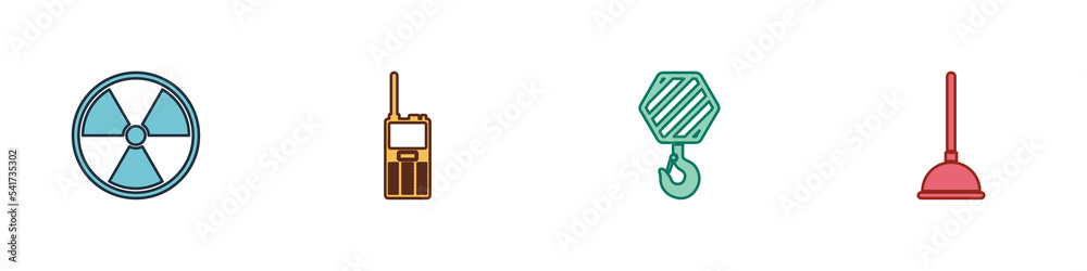 Set Radioactive, Walkie talkie, Industrial hook and Rubber plunger icon. Vector Set Radioactive, Walkie talkie, Industrial hook and Rubber plunger icon. Vector