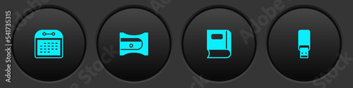 Set Calendar, Pencil sharpener, Book and USB flash drive icon. Vector