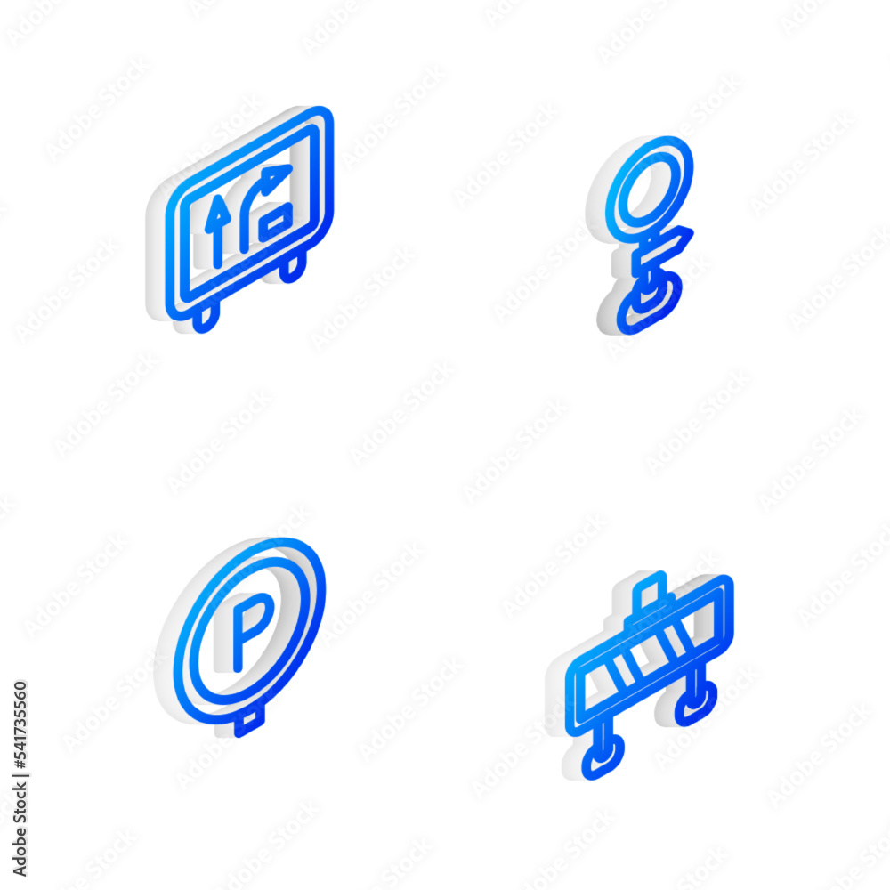 Set Isometric line Road traffic sign, , Parking and barrier icon. Vector Set Isometric line Road traffic sign, , Parking and barrier icon. Vector