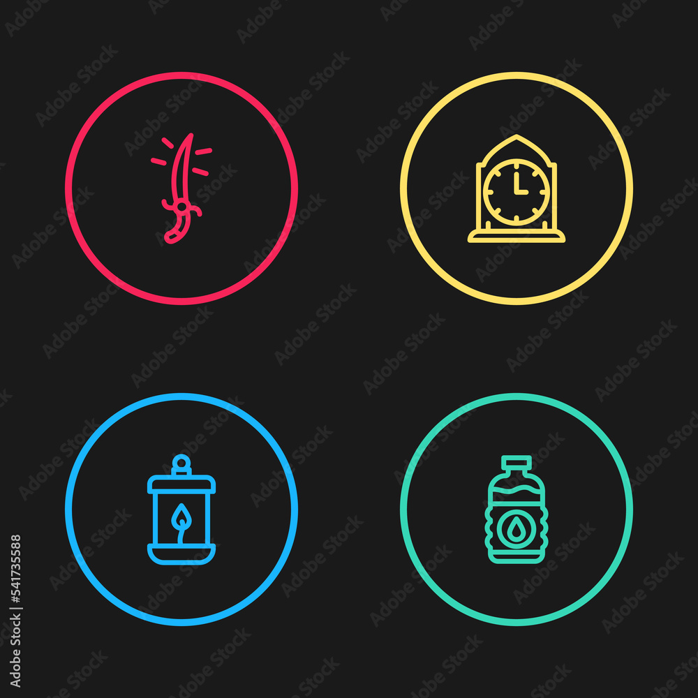 Set line Ramadan Kareem lantern, Bottle of water, Clock and Arabian saber icon. Vector Set line Ramadan Kareem lantern, Bottle of water, Clock and Arabian saber icon. Vector