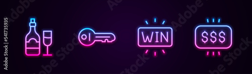 Set line Champagne bottle with glass, Old key, Casino win and Money prize casino. Glowing neon icon. Vector