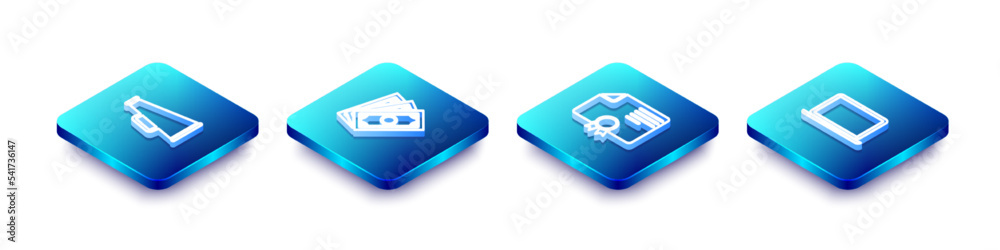Set Isometric line Megaphone, Stacks paper money cash, Certificate template and Laptop icon. Vector Set Isometric line Megaphone, Stacks paper money cash, Certificate template and Laptop icon. Vector