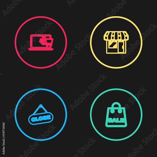 Set line Hanging sign with Close  Shopping bag Sale  Market store and cart on laptop icon. Vector