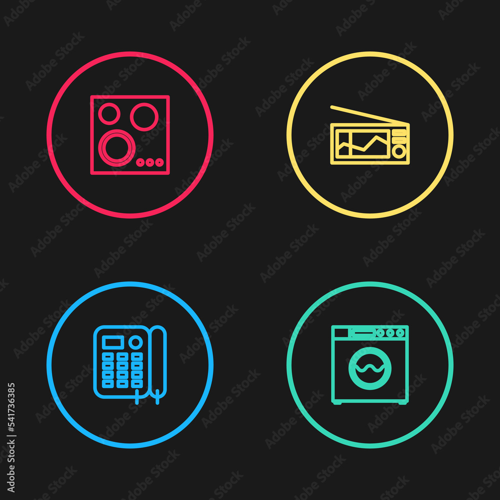 Set line Telephone, Washer, Radio and Gas stove icon. Vector Set line Telephone, Washer, Radio and Gas stove icon. Vector