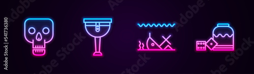 Set line Skull, Wooden pirate leg, Sunken ship and Pirate game dice. Glowing neon icon. Vector