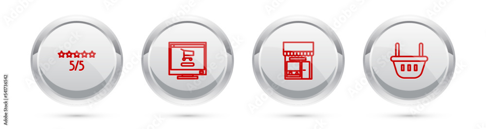 Set line Consumer or customer product rating, Shopping cart computer, building market store and basket. Silver circle button. Vector