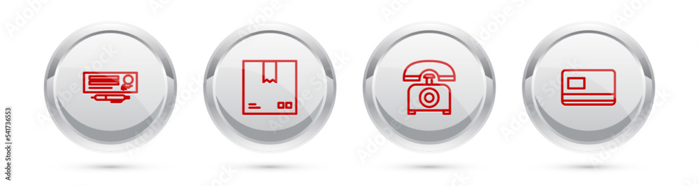 Set line Bank check and pen, Cardboard box with traffic symbol, Telephone and Credit card. Silver circle button. Vector Set line Bank check and pen, Cardboard box with traffic symbol, Telephone and Credit card. Silver circle button. Vector