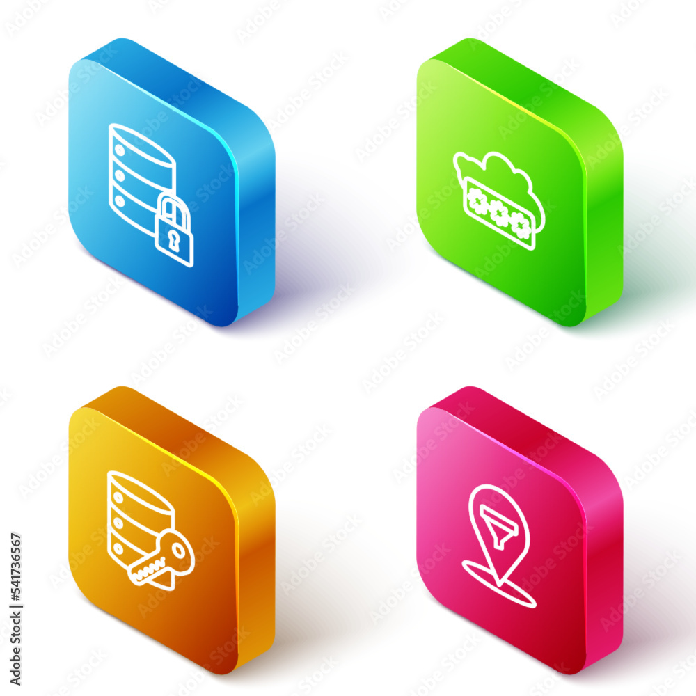 Set Isometric line Server security with lock, Password protection, key and Location sales funnel icon. Vector Set Isometric line Server security with lock, Password protection, key and Location sales funnel icon. Vector