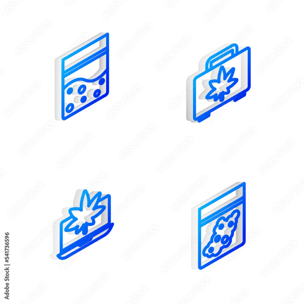 Set Isometric line Shopping box of marijuana, Plastic bag cannabis, Laptop and or and icon. Vector Set Isometric line Shopping box of marijuana, Plastic bag cannabis, Laptop and or and icon. Vector