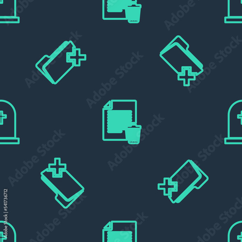 Set line Delete file document, folder and Tombstone with cross on seamless pattern. Vector