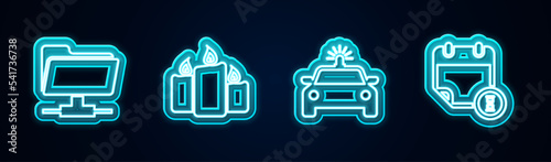 Set line FTP folder, Burning candles, Police car flasher and Calendar clock. Glowing neon icon. Vector