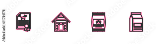 Set line Certificate for dog or cat, Bag of food pet, Dog house and icon. Vector