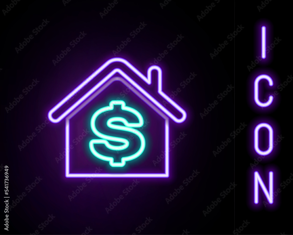Glowing neon line House with dollar symbol icon isolated on black background. Home and money. Real estate concept. Colorful outline concept. Vector Glowing neon line House with dollar symbol icon isolated on black background. Home and money. Real estate concept. Colorful outline concept. Vector