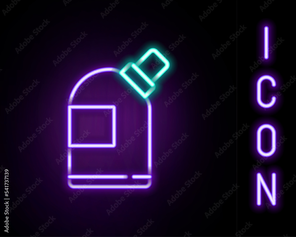 Glowing neon line Plastic bottles for laundry detergent, bleach, dishwashing liquid or another cleaning agent icon isolated on black background. Colorful outline concept. Vector Glowing neon line Plastic bottles for laundry detergent, bleach, dishwashing liquid or another cleaning agent icon isolated on black background. Colorful outline concept. Vector