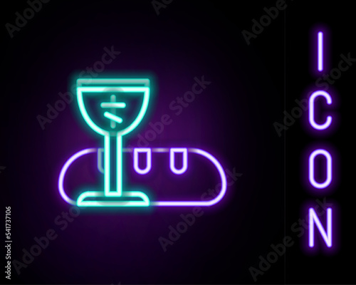 Glowing neon line First communion symbols for a nice invitation icon isolated on black background. Colorful outline concept. Vector
