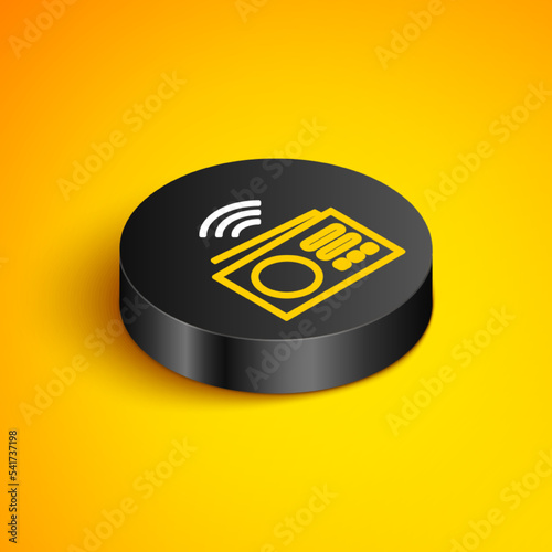 Isometric line Smart radio system icon isolated on yellow background. Internet of things concept with wireless connection. Black circle button. Vector