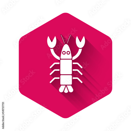 White Lobster icon isolated with long shadow. Pink hexagon button. Vector.