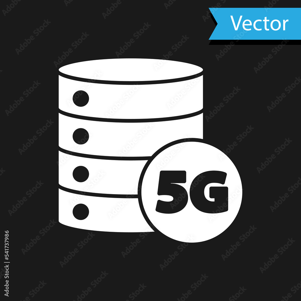 White Server 5G new wireless internet wifi connection icon isolated on black background. Global network high speed connection data rate technology. Vector White Server 5G new wireless internet wifi connection icon isolated on black background. Global network high speed connection data rate technology. Vector