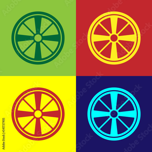 Pop art Alloy wheel for a car icon isolated on color background. Vector