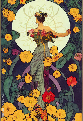Tarot card, beautiful dancer among flowers, Alphonse Mucha style, made by AI photo