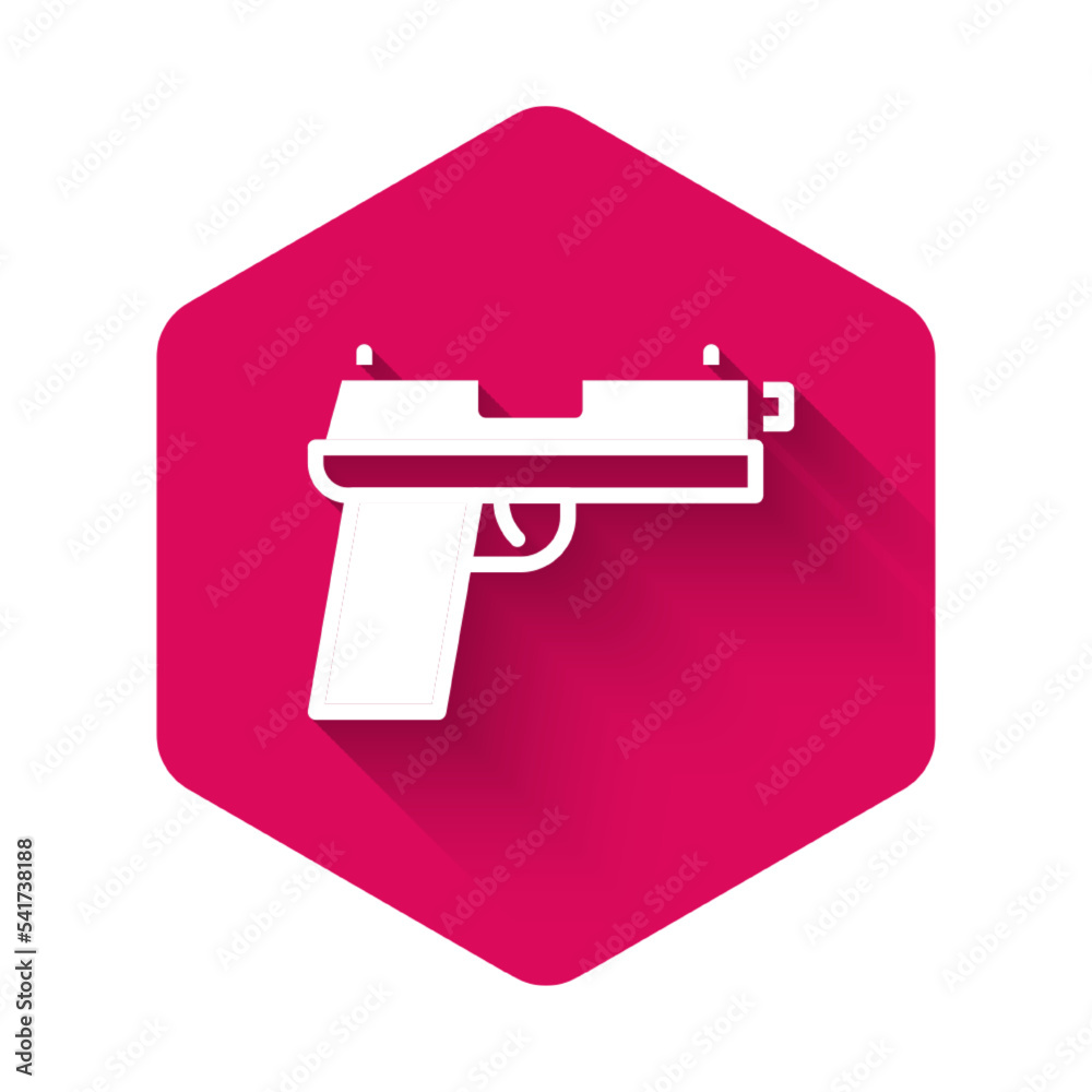White Pistol or gun icon isolated with long shadow. Police or military handgun. Small firearm. Pink hexagon button. Vector