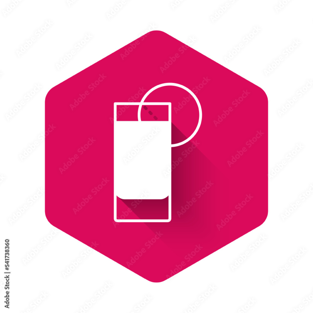 White Tequila glass with lemon icon isolated with long shadow background. Mexican alcohol drink. Pink hexagon button. Vector