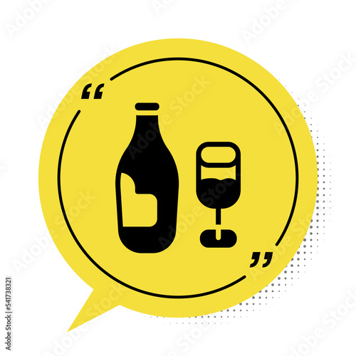 Black Wine bottle with glass icon isolated on white background. Yellow speech bubble symbol. Vector