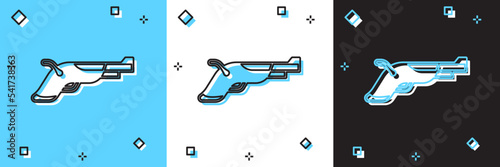 Set Vintage pistols icon isolated on blue and white  black background. Ancient weapon. Vector