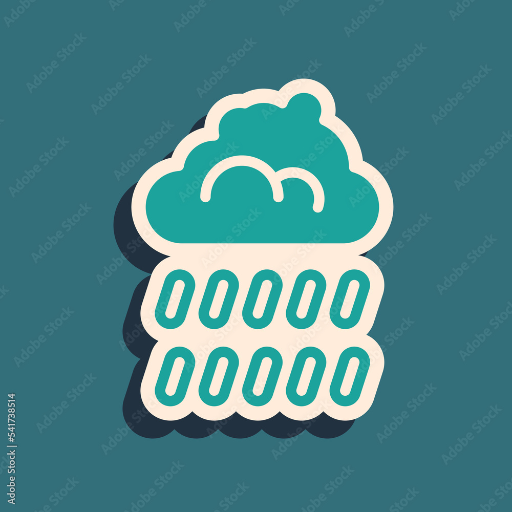 Green Cloud with rain icon isolated on green background. Rain cloud precipitation with rain drops. Long shadow style. Vector Green Cloud with rain icon isolated on green background. Rain cloud precipitation with rain drops. Long shadow style. Vector