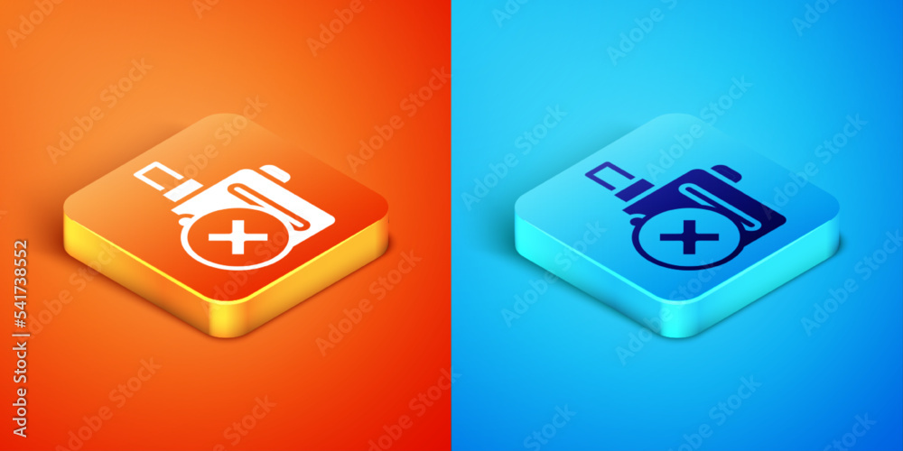Isometric Electronic cigarette icon isolated on orange and blue background. Vape smoking tool. Vaporizer Device. Vector Isometric Electronic cigarette icon isolated on orange and blue background. Vape smoking tool. Vaporizer Device. Vector