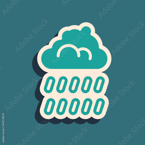 Green Cloud with rain icon isolated on green background. Rain cloud precipitation with rain drops. Long shadow style. Vector