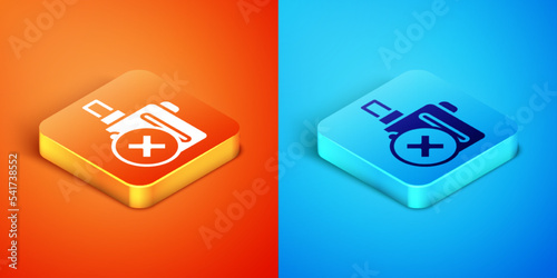 Isometric Electronic cigarette icon isolated on orange and blue background. Vape smoking tool. Vaporizer Device. Vector