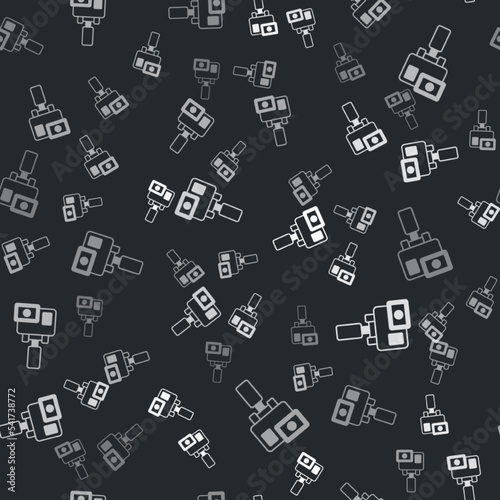 Grey Action extreme camera icon isolated seamless pattern on black background. Video camera equipment for filming extreme sports. Vector